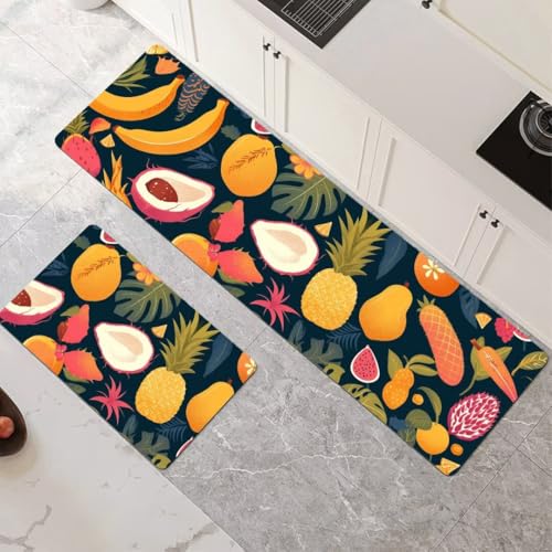 Alfombras de Cocina de 2 Piezas, Antideslizantes, Absorbentes y Lavables, Tapetes de Cocina Secado Rapido, Tapete Fruits para Pasillo, Entrada, Hogar, Oficina, Lavandería 70x100cm+70x210cm 6-1012