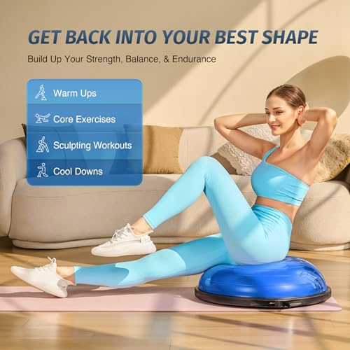ZELUS 64cm Balance Ball | 680kg Inflatable Half Exercise Ball Wobble Board Balance Trainer w Nonslip Base | Half Yoga Ball Strength Training Equipment w 2 Bands, Pump, Extra Ball Included, Blue - Image 3