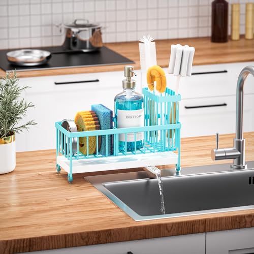 Image of Cisily Sponge Holder for Kitchen Sink, Sink Caddy Organizer with High Brush Holder, Kitchen Countertop Organizers and Storage Essentials, Rustproof 304 Stainless Steel (Turquoise, 9.25″)