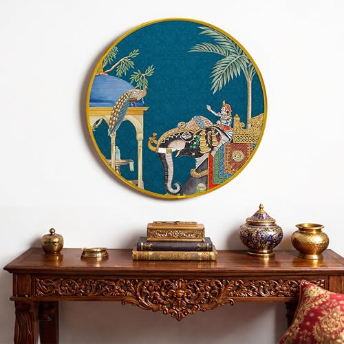 Image of Royal Elephant Mughal Garden Round Framed Wall Art Painting For Living Room | Traditional Indian Rajasthani Arched Jharokha Wall Art Painting With Frame for Home, Bedroom & Office, 16 Inch
