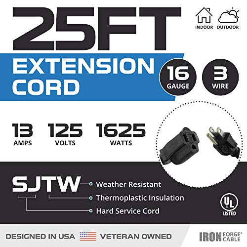 Iron Forge Cable 25 Ft Outdoor Extension Cord - 16/3 Durable Black Cable With 3 Prong Grounded Plug For Safety #TOP1