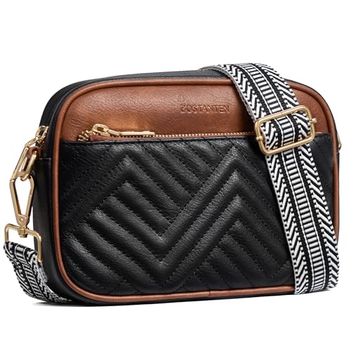 BOSTANTEN Quilted Crossbody Bags for Women Vegan Leather Purses Small Shoulder Handbags with RFID Blocking, Black with Brown