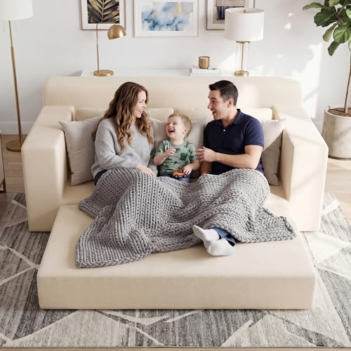 GRUSIGN 71" Boneless Loveseat Couch,Chenille Pullout Futon Couch,4 in 1 Folding 3 Seater Sofa Bed for Living Room,Boneless Cloud Couch with Storage Pocket & 2 Pillows,Beige - Image 2