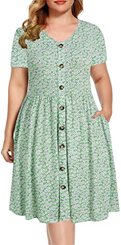 Bedoar Womens Casual Summer Dress With Pockets Short Sleeve Cotton Sundress V Neck Flared A Line Dress B004-Green-24W #TOP16