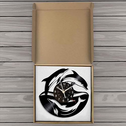 Miniatura 6 de KingLive Dolphin Fish - Reloj de pared de disco de vinilo de 12 pulgadas (11.8 in), color negro, moderno, decorativo, hogar, oficina, niños,