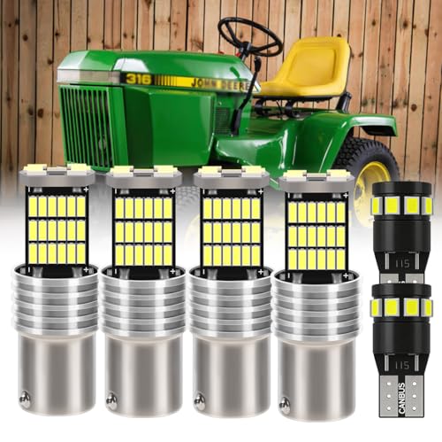 6-Piece Complete LED Lighting Kit for John Deere 316 318 322 332 420 430 655 - 4x Super Bright 1156 Headlight Bulbs + 2x T10 LED License Plate- Tail Lights - 6000K White Replaces AD2062R AM35424