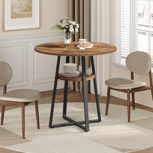 MAHANCRIS 31.5' Round Dining Table for 2-4, Farmhouse Kitchen Table with Storage Shelf, Small Circle Dining Table Space Saving, for Dining Room, Kitchen, Living Room, Rustic Brown and Black DTHR8201