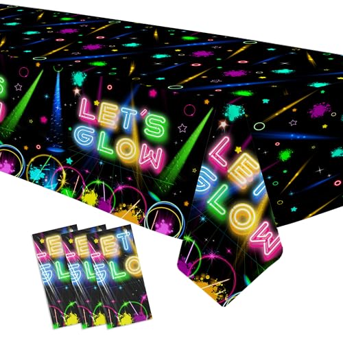 Image of Neon Glow Birthday Party Decorations Tablecloth, 3Pcs Disposable Glow in The Dark Party Tablecover Supplies, Neon Graffiti Theme Party Decorations Table Cloth, 86in x 55in