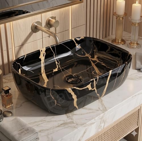 Image of Designer Ceramic Wash Basin For Bathroom | Over Counter Bathroom Basin | Counter Top Bathroom Sink | Wash Basin For Restaurant, Hotel (18 x13 x 5 Inch) (Black Gold Jelly)