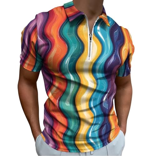 Polo con estampado de rayas onduladas arcoíris para hombre, casual, manga corta, divertidas, para golf, ajuste seco, Varios colores, Medium