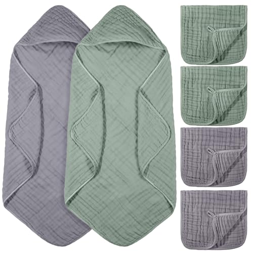 Image of VitalCozy 6 Pcs Baby Muslin Hooded Bath Towels and Washcloths, Muslin Hooded Baby Towels Absorbent Blankets for Gift Newborn Infant Shower (Green,Gray)