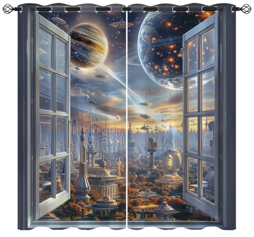 Alien World Blackout Curtains for Girls Kids Teen Boys Home Decor,Fantasy Outer Space Universe Planet Grommet Thermal Insulated Drapes Darkening Window Curtain for Bedroom Living Room, 84 x 84 Inch