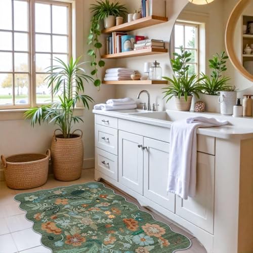 Washable Floral 2x3 Area Rug: Indoor Soft Scalloped Carpet for Entryway Kitchen Nursery Non-Slip Water Resistant Bathroom Laundry Floor Mat Low Pile Durable Door Mat(2x3 Floral/Green)