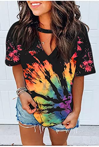 Sexy V Neck T Shirts for Women Tie Dye Hollow Out Blouse Tops Summer Loose Casual Shirt Country Music Graphic Tee Shirts3