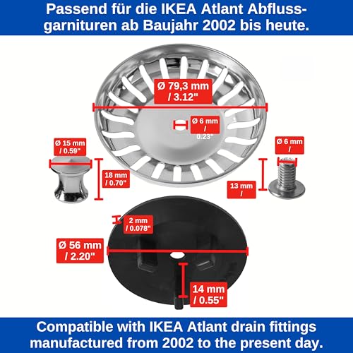 Spülbecken Siebkörbchen, 2 Pack, Ø 79,3 mm, kompatibel mit IKEA Siphon ATLANT und DOMSJÖ, Siebkorb mit DREI-Bein Gummidichtung, Ersatzteil für Atlant Spültisch und Domsjö Spüle, Küche Stöpsel Sieb