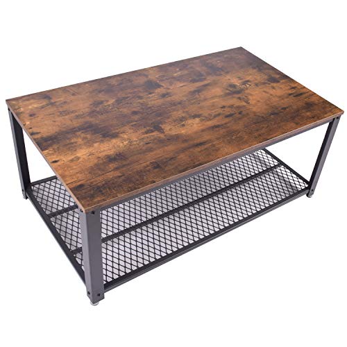 ALPIKA Industrial Coffee Table, Cocktail Table, Side Table with Storage Shelf Black Metal Frame for Living Room Furniture, Hallway, Bedroom, Home Office