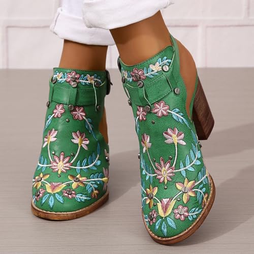 Women's Floral Embroidered Ankle Boots Round Toe Buckled Backless Western Vintage Wooden Chunky Heeled Shorts Booties2