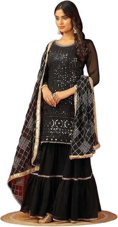 Image of Women's Designer Chinon Silk Sharara Suit Set, Sequence Embroidery Kurti with Tiered Sharara and Dupatta