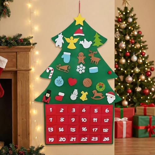 2025 Felt Advent Calendar with Pockets 24 Days to Fill Yourself - 90 x 65cm Empty Christmas Countdown Calendar with Pockets - Reusable Christmas Tree Advent Calendars Hanging Red