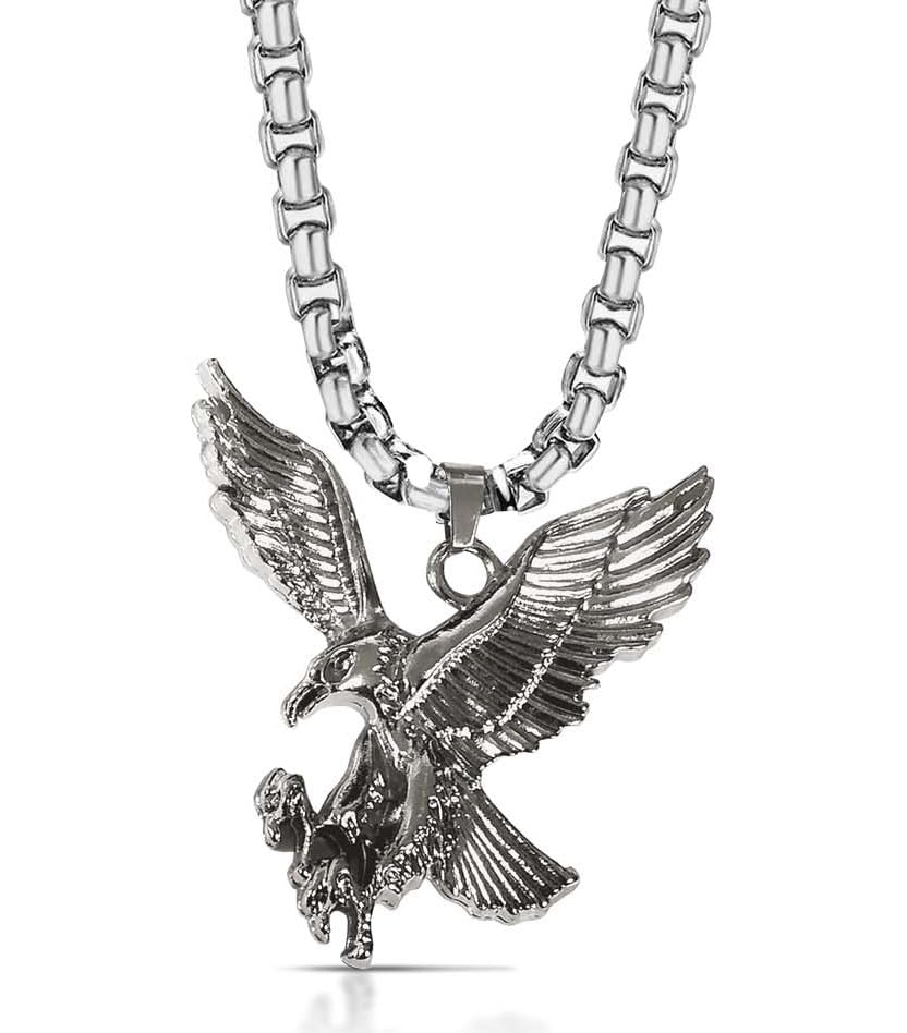 De-AutocareUnisex Silver Color Trending Stainless Steel Wind Pirate Sea Robot 2.0 Movie Inspired Flying Bird Eagle Punk Rock Hip Hop Locket Pendant Necklace With Box Chain