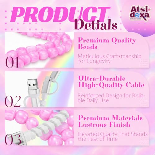 Image of 4-in-1 Beaded Charging Cable, MFi Certified, Works with CarPlay, 3.3FT 60W Fast Charger Cord for iPhone 17 /16 /15 /14 /13 /12 /11, iPad, Samsung, Android and More (Pink Jelly)