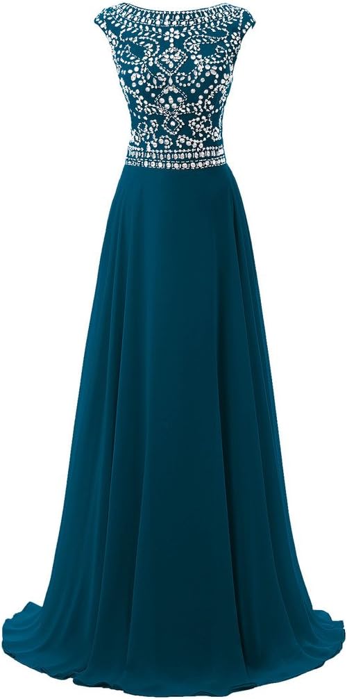 Women's Long Chiffon Bridesmaid Dress Cap Sleeves Beaded Prom Eveing Gown Teal US 10