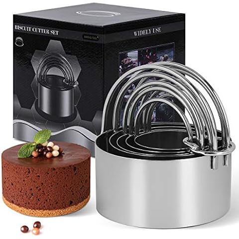 HUINF Biscuit Cutter Set,5-Piece Stainless Steel Round Cookie Cutter Set with Handle-Smooth,Multi-purpose Baking Tools Cover