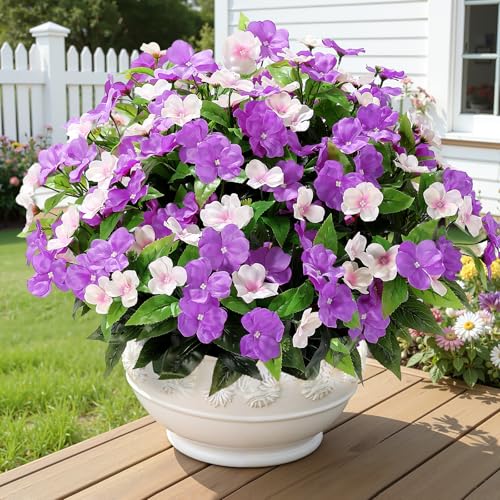 Alupssuc 8 Bundles Artificial Impatiens Flowers Faux Silk Plant for Indoor Outdoor Decor UV Resistant No Fade Fake Spring Flowers for Porch Yard Patio Window Box Decoration White Purple