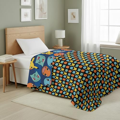 Image of Northwest Pokemon Striped Favorites Quilted Throw Blanket - Oversized Blanket Featuring Pikachu, Charmander, Bulbasaur & Squirtle, Soft and Comfy for Bed, Couch, 60 x 80 Inches