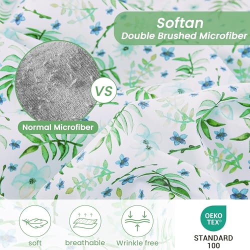 Image of Softan Green Floral Twin Sheet Set, 3-Piece Cozy Botanical Microfiber Printed Fitted Bed Sheet with 15 inch Deep Pockets & Non-Slip Straps, Fresh Greenery Blooms Patterned Sheets & Pillowcase Set