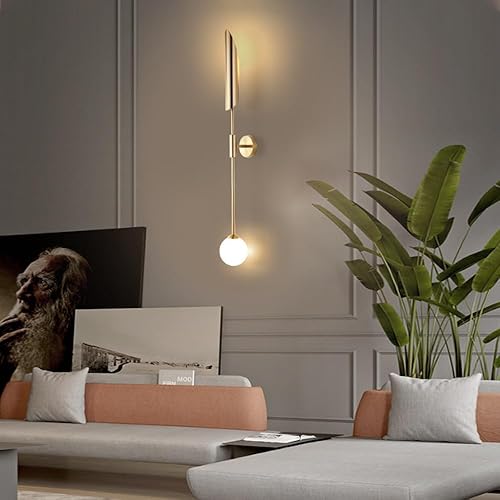 Miniatura 2 de Lámpara de pared de globo de vidrio blanco, lámpara de pared dorada de mediados de siglo, moderna de poste largo, lámpara minimalista de montaje en