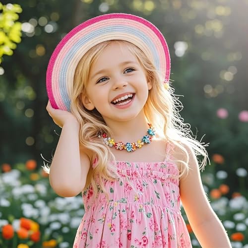 PinkSheep Girls Sun Hat,Cute Summer Straw Beach Hat for Toddler Kids with Wide Rainbow Brim & Tassels - UPF 50+2