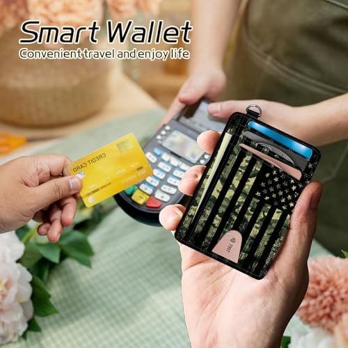 Image of Small Travel Wallets, Military Camouflage American Flag Slim Minimalist Front Pocket Wallet with Wristlet, RFID Blocking PU Leather Credit Card Holder with ID Window Change Purse for Men Women