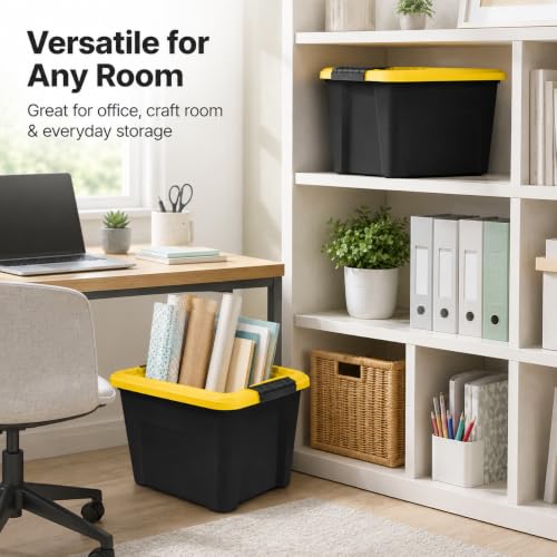 Image of Storage Bins 20 Qt Stackable with Lids 6 Pack for Garage Closet | Durable Plastic with Side Handles - Lightweight and easy to carry. Ideal for garage, basement, closet, and office.