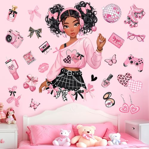 Vinilos Decorativos Black Girl con Moño Rosa 30x90 cm
