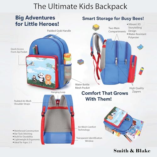 Image of Smith & Blake Play School Bag for Kids (Ages 2-5) Lightweight Preschool Backpack with 3D Jungle Theme | Ergonomic Padded Straps & Water-Resistant Material | Bag for Nursery & Kindergarten (Blue /Red)