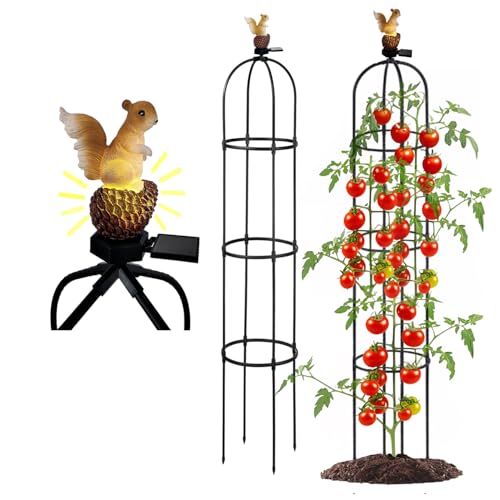 Metal Garden Obelisk Trellis for Climbing Plants Outdoor，Rose Round Trellis with Squirrel Head Auto Sensor Solar Light Rustproof Tomato Plant Support for Vines Cucumbers Tomato Cage,1 Pack