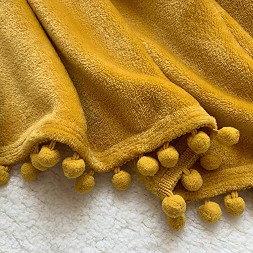 Lomao Flannel Blanket With Pompom Fringe Lightweight Cozy Bed Blanket Soft Throw Blanket Fit Couch Sofa Suitable For All Season (51X63) (Mustard Yellow) #TOP4