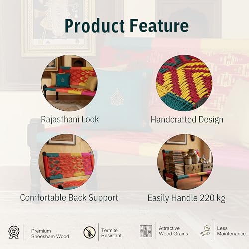 Image of Srima Wooden Bench for Living Room | Handcrafted Sheesham Wood Backrest Bench for Balcony & Garden | Traditional Rajasthani Patio for Outdoor with Cotton Handwoven Rope | Colorful