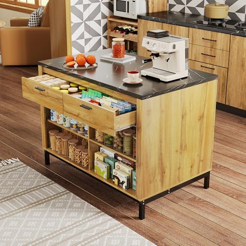 NADEUSAK Isla de cocina estilo rústico 90 × 120 cm, 2 cajones y 4 estantes abiertos, grano de madera de roble, encimera de mármol negro, estructura de metal