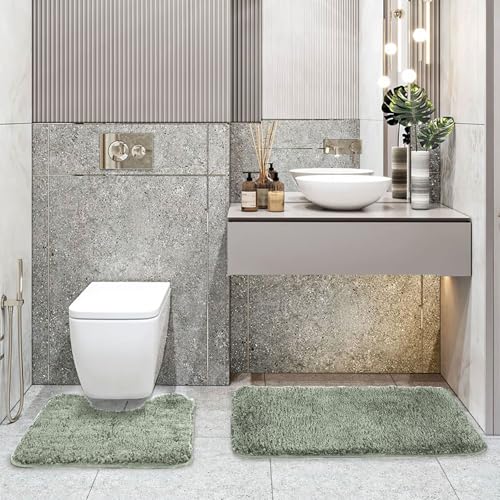 Image of LUXE HOME INTERNATIONAL Polyester Contour Bath Mat - Washable, Anti Skid, Water Absorbent Contour Mats for Bathroom, Toilet, Wash Basin & Bathroom Contour Mat Set (Pastel Green, 45x 75 cm & 40x45)