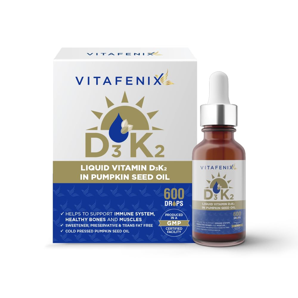 Vitafenix Vitamin D3 1000iu + K2 Mk7 11,25ug - Vitamin D3K2 Drops with Pumpkin Seed Oil (Cold Pressed) for Bladder, Prostate - 30 ml 600 Drops High Strength Vegan Formula