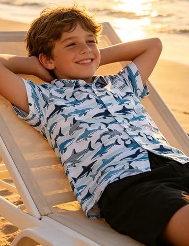 Image of Boys Hawaiian Shirt Kids Button Down Aloha Beach Hawaii Tops 5-14Y | Quick Dry, Breathable, Cooling & Lightweight, For Summer Vacation Holiday, Fourth of July, Youth, Teen, Shark, Dinosaur