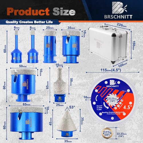 Image of Diamond Core Drill Bit Set - BRSCHNITT Tile Hole Saw Kit 1 /4 inch 5 /16 inch 1 inch 1-3 /8 inch2 inch 2-1 /2 inch & 3 /8 inch-1 inch Finger Bit & 1-3 /8 inchChamfer Bit for Porcelain Tile Ceramic Marble Granite Diamond Blade