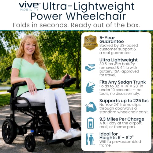 Image of Vive Ultra Lightweight Electric Wheelchair for Adults - Foldable Power Wheel Chair - Collapsible, Folding, Ultralight, Motorized, Light Weight Travel Senior Folding Mobility Aid - Weighs Just 39 lbs