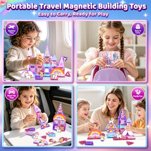 Image of Mini Magnetic Tiles Building Blocks with 4 Unicorn Toys Girls Toys Gifts