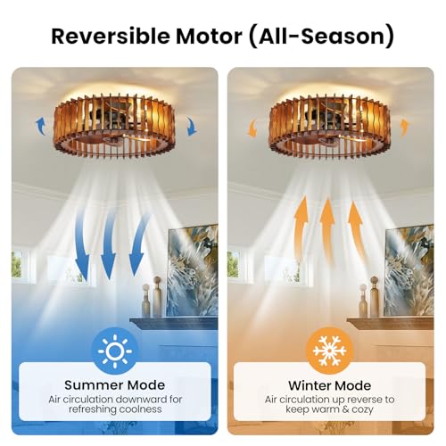 Image of Wooden Fandelier Ceiling Fan with Light and Remote, 20 inch Flush Mount Caged Ceiling Fan with Light, 6 Speed Reversible Farmhouse Low Profile Ceiling Fan for Bedroom Living Room