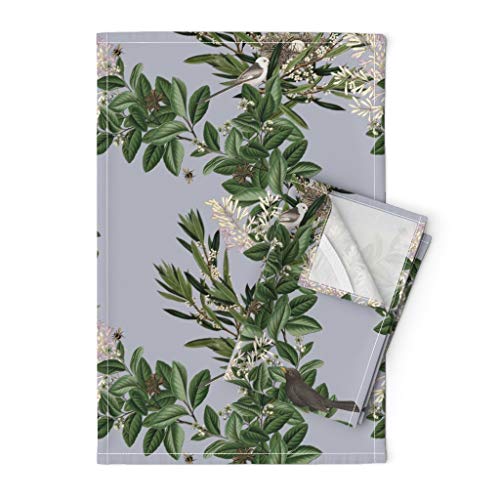 Roostery Tea Towels, Blackbird Nest Garden Green White Vintage Birds Botanical English Modern Farmhouse Print, Linen Cotton Tea Towels, Set of 2