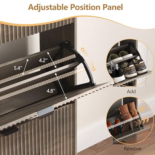 Image of HUANLEGO Shoe Cabinet Storage for Entryway with 6 Flip Drawers, Grey Fluted Shoe Cabinet with Adjustable Shelves, Wooden Hidden Shoe Rack Freestanding Narrow Slim Shoes Storage for Hallway, Entrance