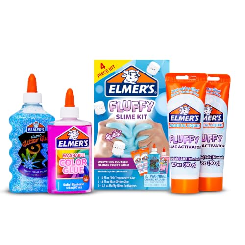 Elmer’s Fluffy Slime Kit, Includes Translucent Color Glue, Glitter Glue, Fluffy Slime Activator, 4 Count - Perfect For Birthday Parties, Summer Fun, Creative Kids Activity